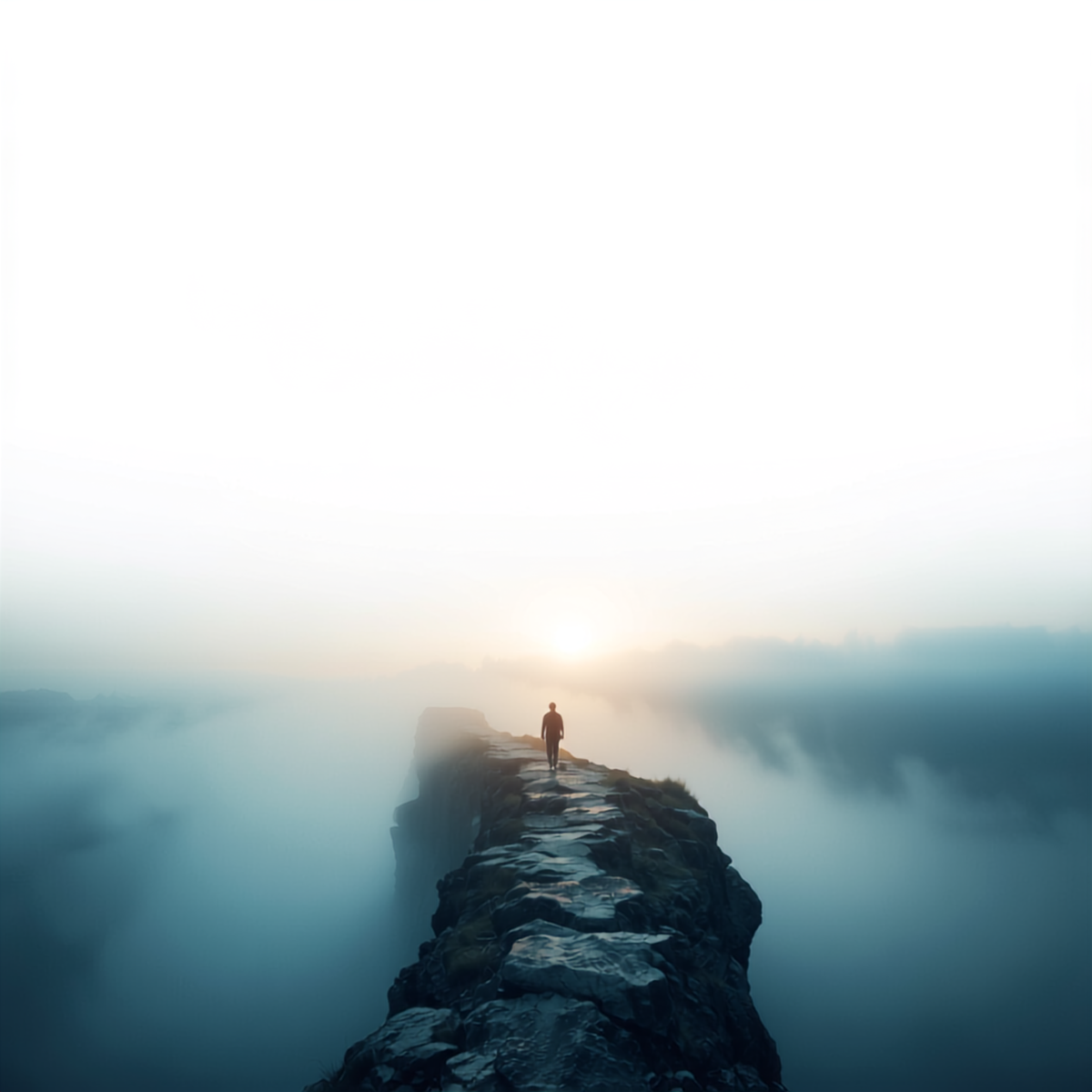 Silhouetted person walking a stone ridge path toward a bright sunrise breaking through blue mist.