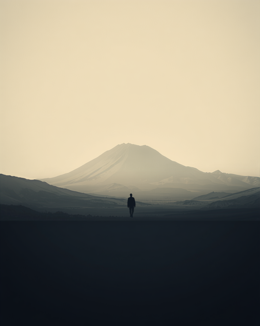 Silhouette of a person standing before a lone mountain peak at dusk, viewed across a hazy valley.