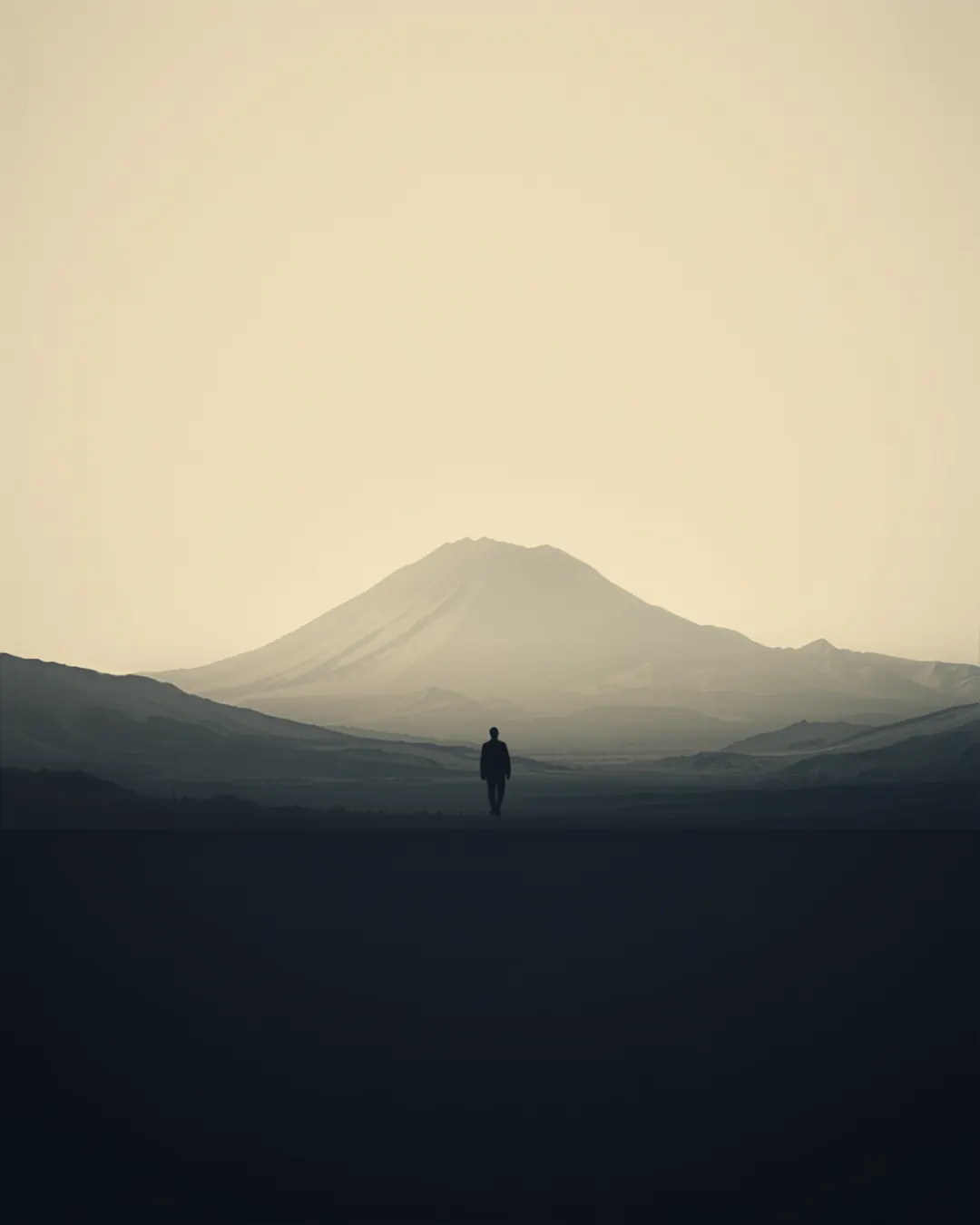 Silhouette of a person standing before a lone mountain peak at dusk, viewed across a hazy valley.